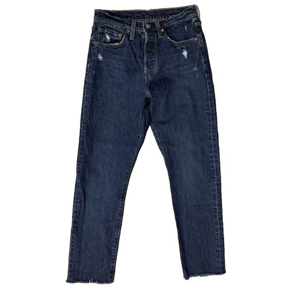 Levi's 501 S Jeans 27X26 Skinny Dark Wash Blue Distressed Denim 5 Pocket Casual - Picture 1 of 7